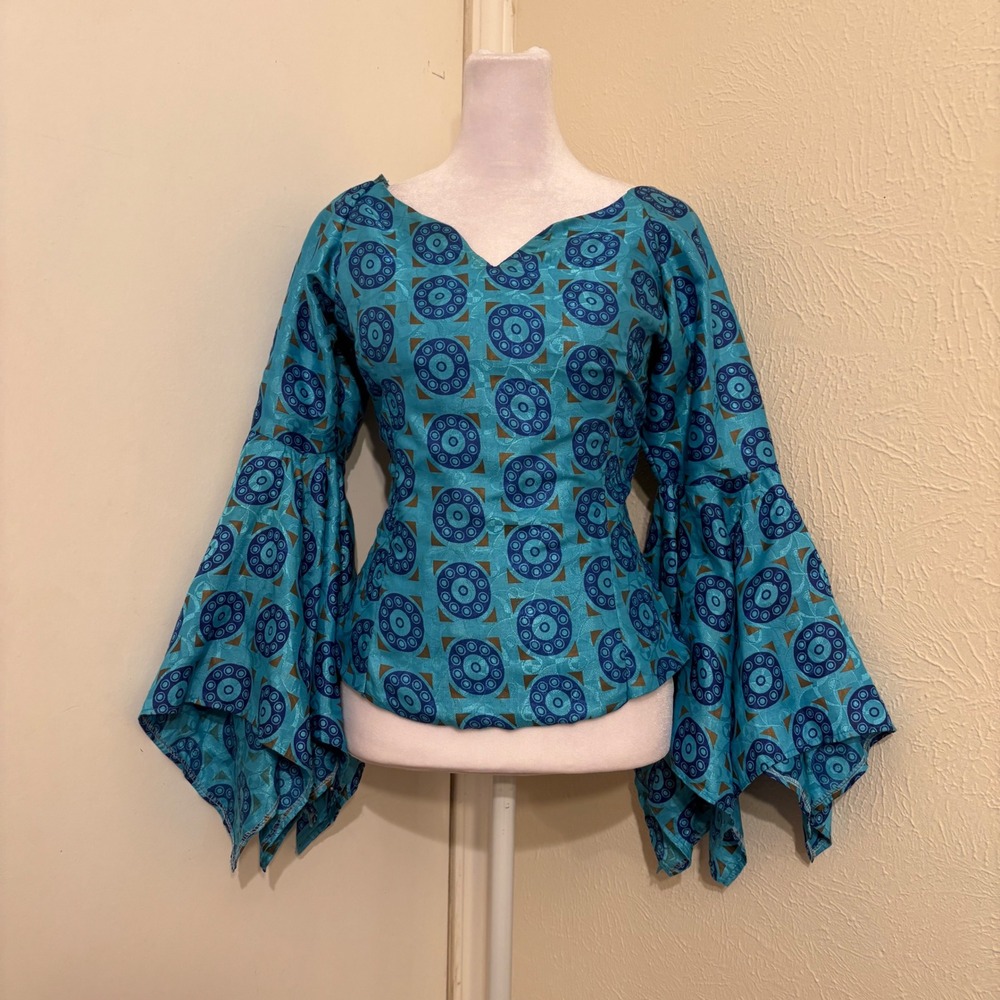 Blue Geometric Print Bell Sleeve V-Neck Blouse Fairy Retro Indian Festival Sz M